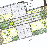 Tuinontwerp kleine voortuin met pergola van steigerbuis