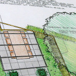 Tuinontwerp van moderne tuin met pergola en lange tafel omringd door groen