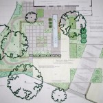 Tuinontwerp moderne voortuin met lange vijver en megategels